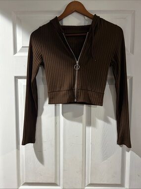 SHEIN Sz small women’s Cropped Ribbed Zip Hoodie - Brown